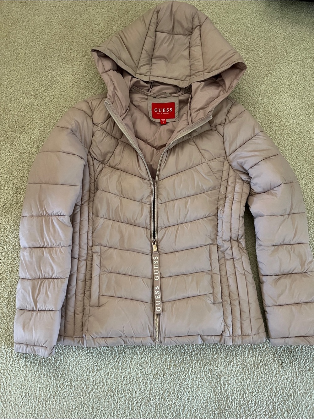 Guess rose pink puffer jacket with hood.